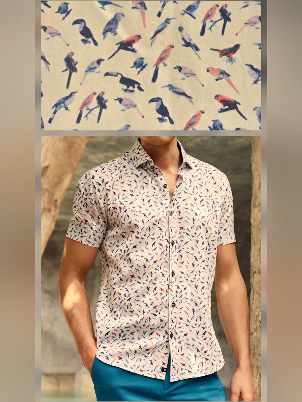Anthony Of London Cream Short-Sleeve Button-Down Shirt with Bird Parrot Print